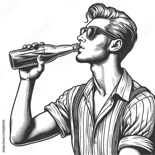 young man wearing sunglasses and drinking soda from a classic glass bottle sketch engraving generative ai fictional character vector illustration. Scratch board imitation. Black and white image.
