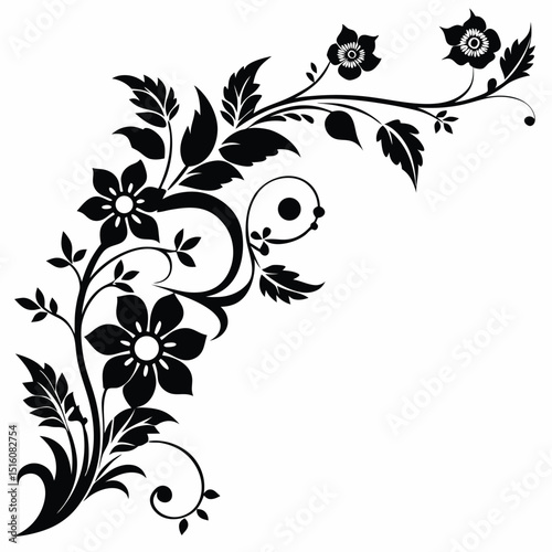 Black floral corner design with flowers and leaves vector