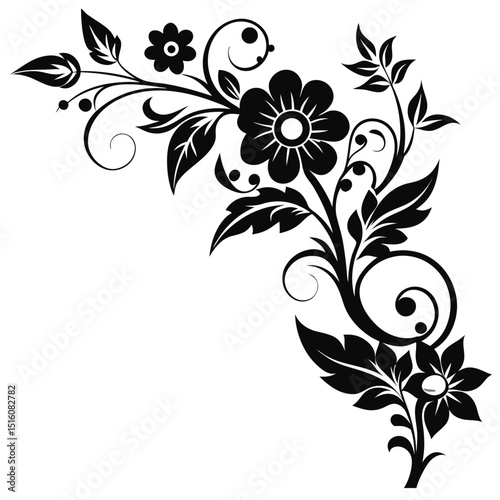 Black and white floral corner design with leaves and swirls