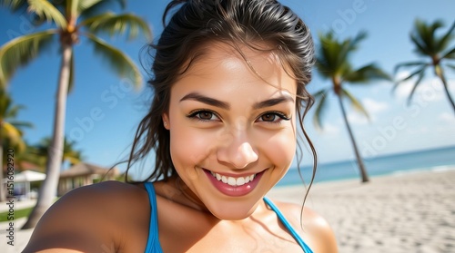 On vacation, young happy woman in blue bikini takes selfie on beach on bright day among palm trees