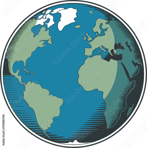 Illustration of earth globe in a vintage engraved style with land masses detailed