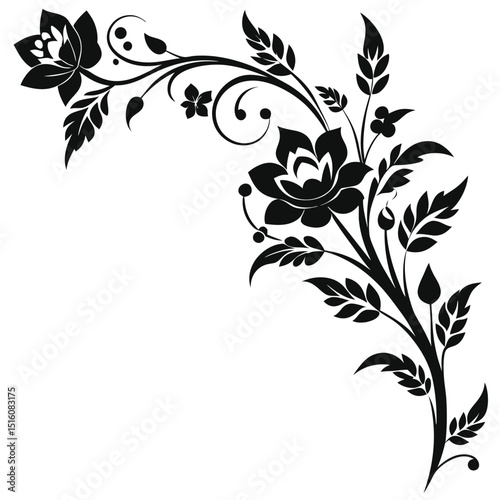 Black floral corner design with leaves and flower accents