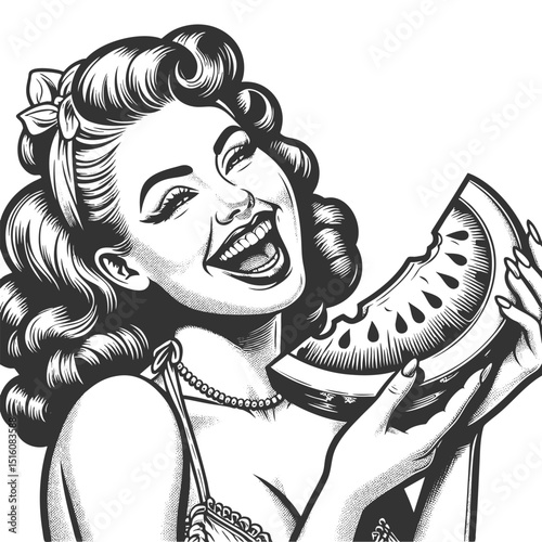 woman holding and biting a slice of watermelon, capturing carefree summer happiness and fun sketch engraving generative ai vector illustration. Scratch board imitation. Black and white image.