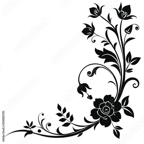 Black floral corner design with rose and leaf illustration