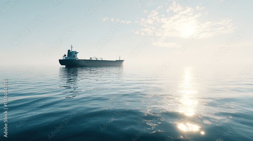 Photorealistic cargo ship sailing through calm seas under clear sky, soft sunlight on water surface, minimalist aesthetic with right-side white space, symbolizing maritime trade and Seafarer’s Day Photorealistic cargo ship sailing through calm seas under clear sky, soft sunlight on water surface, minimalist aesthetic with right-side white space, symbolizing maritime trade and Seafarer’s Day