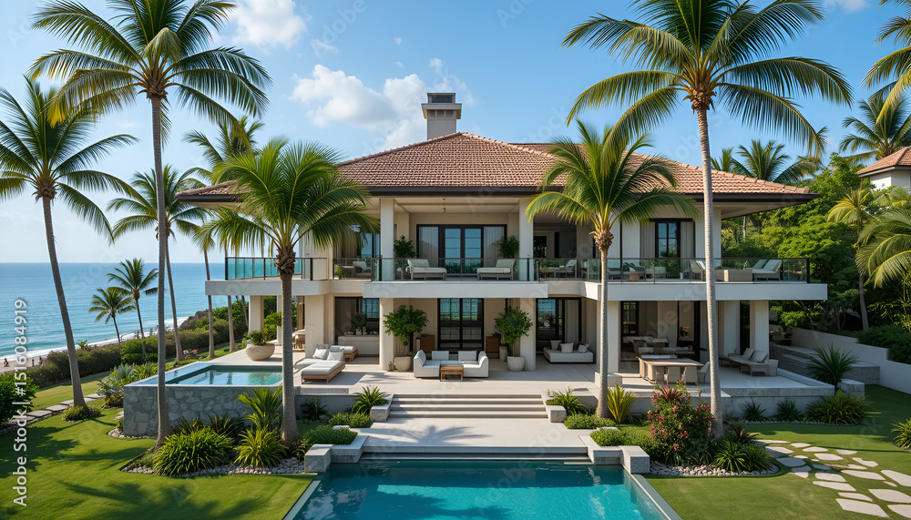 Fototapeta premium Luxury Beachfront Villa with Pool and Palms