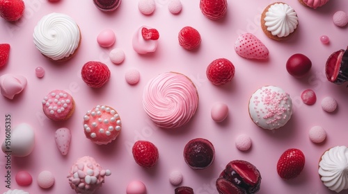 Colorful heart candies flatlay on pink background for sweet dessert celebration photography romantic theme design visuals