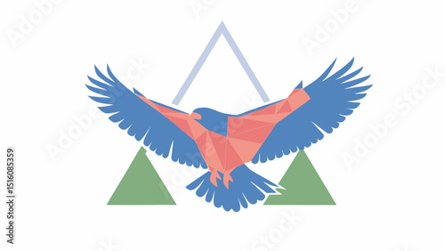 A geometric avian soars gracefully against a sky of white abstract with triangle shapes on display
