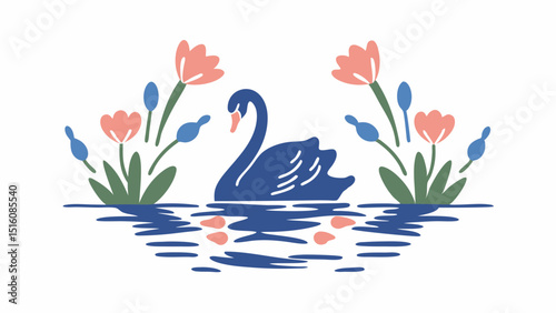 Graceful swan gliding on water surrounded by delicate pink flowers a scene of serene beauty with