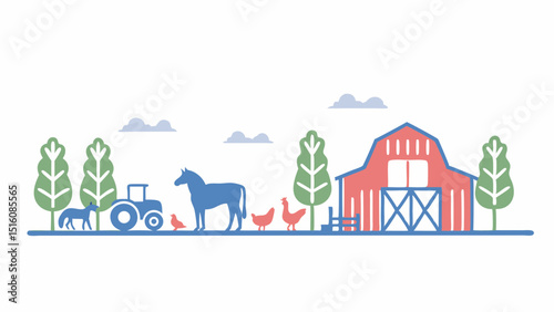 A serene farm scene with a barn tractor and animals evoking a sense of rural tranquility in light