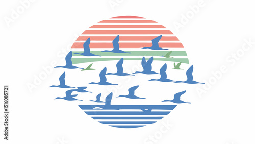 A flock of bluebirds flying in formation towards the horizon on a simple landscape in the white sky