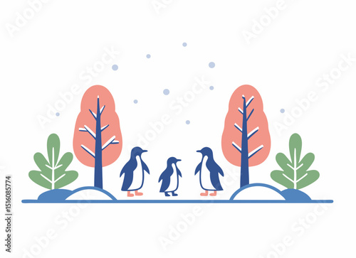 A heartwarming cartoon of a penguin family walking together in a snowy arctic landscape minimal