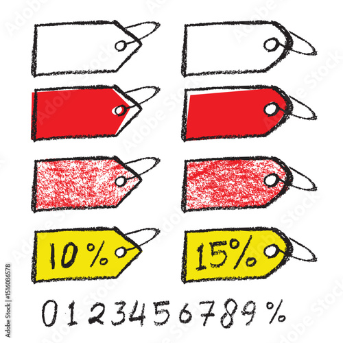 Template Set of Crayon Tag Price, number and percentage on white background