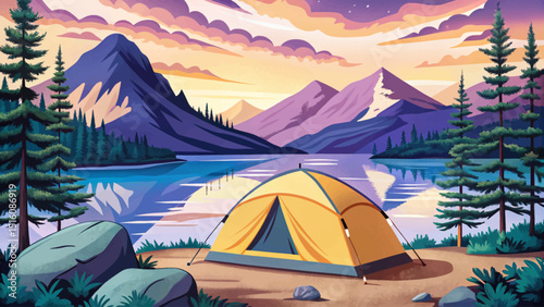 Amazing Sunset view of a yellow tent pitched vector by a calm lake surrounded by majestic mountains and evergreen forest illustration
