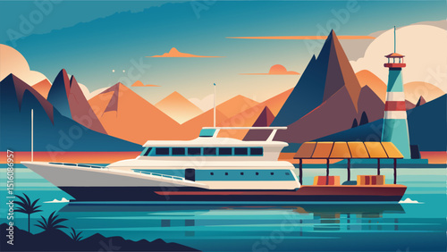 Luxury yachts and sailboats in tropical paradise illustration