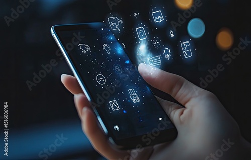 Wallpaper Mural Hand holding a phone with overlayed app icons.  Digital icons float around screen,  user touching screen Torontodigital.ca