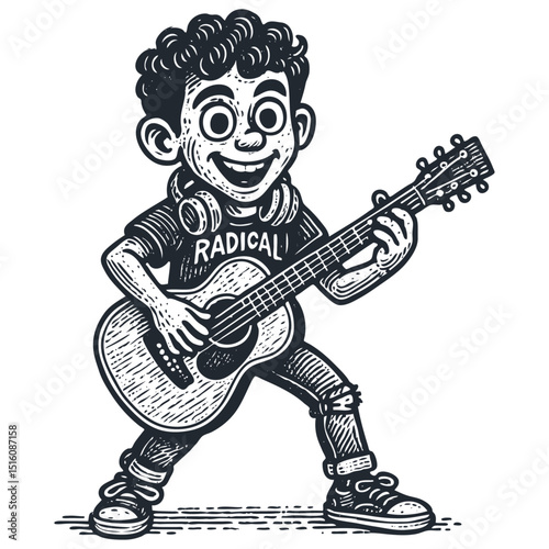 Cool, energetic cartoon boy playing acoustic guitar. Black & white vector with 'RADICAL' shirt, headphones. Retro music, youth culture illustration.