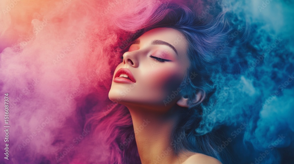 Fototapeta premium Colorful makeup portrait with smoke effect for fashion visuals beauty photography artistic glam editorial concept