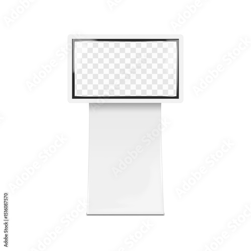 LCD monitor TV stand. Front view. 3d mockup. Video digital display billboard banner or interactive touch screen self-service kiosk on metal base. Realistic vector mock-up. Easy editable template