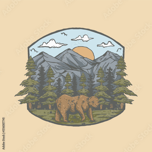 A unique Handrawn Illustration of  a bear walking through the forest with a majestic mountain range in the background, perfect for nature, wildlife,outdoor themed design, tshirt design 