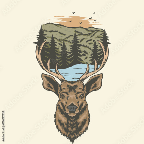 A unique Handrawn illustration of a deer head with a serene lake and mountain range reflected between its antlers, perfect for nature, wildlife, tshirt,stickers design, outdoor themed design 