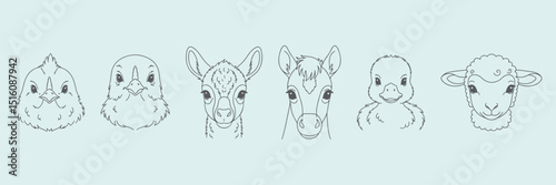 Farm animals like  baby peacock (peachick), baby guinea fowl (keet), baby llama (cria), baby mule (foal), baby duck (duckling), and baby sheep (lamb) hand drawn vector outline icons.