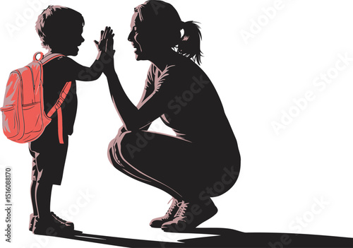 Mother and son high five before school starting with red backpack silhouette