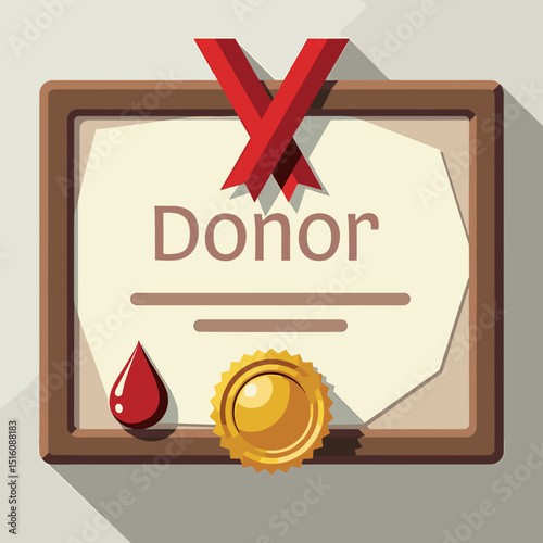 Blood donor certificate with red ribbon and seal on a neutral background  