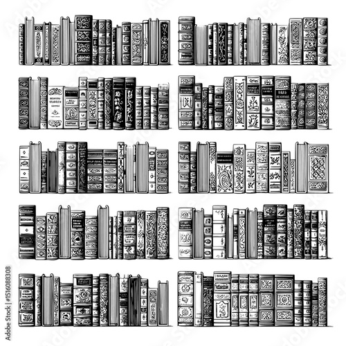 Intricate ornate designs adorn the hardcover book spines of a vintage book collection illustration