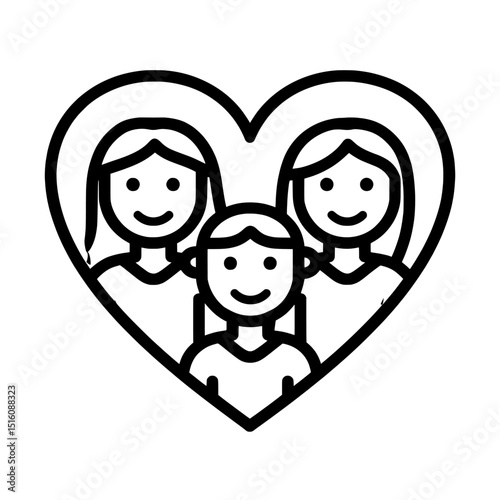 An outline illustration of a two-mother family with a child is presented on a plain white background
