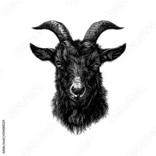 A detailed black and white illustration of a goat is presented in an intricate pen drawing engraved style