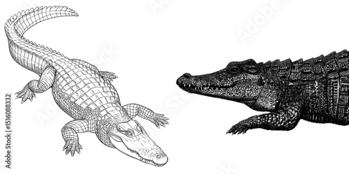 Modern alligator silhouette depicted in black and white with detailed lines