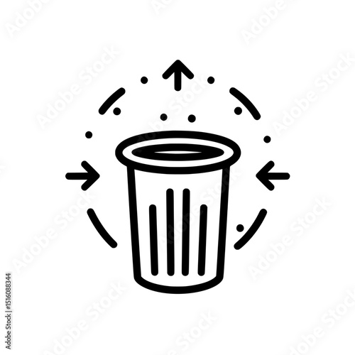 The image of a recycling bin with arrows, outlined in black, represents the concepts of waste management, recycling, and environmental sustainability, with an editable stroke