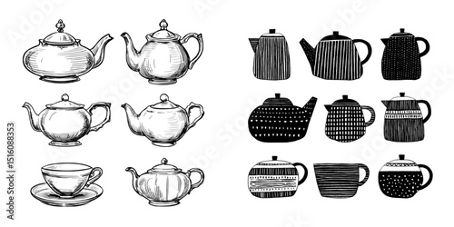 A set of modern illustrations in monochrome depicting teapots and tea cups in linear style
