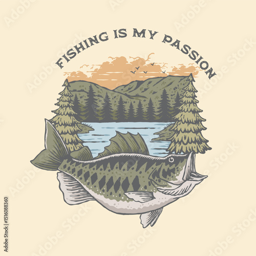 A stunning Handrawn illustration of a salmon leaping out of the water with a serene lake and mountain rage in the background, perfect for nature, wildlife, outdoor themed design, tshirt, stickers, etc