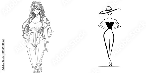 A stylish anime character design, this adult coloring page showcases a fashion model in a jumpsuit with trendy minimalist line art