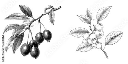 A black and white vintage engraving features an intricately detailed illustration of blueberries accompanied by leaves