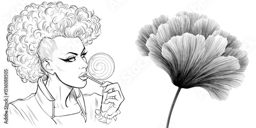 A lollipop is depicted in a modern drawing that utilizes monochrome ink sketch and engraving style illustration