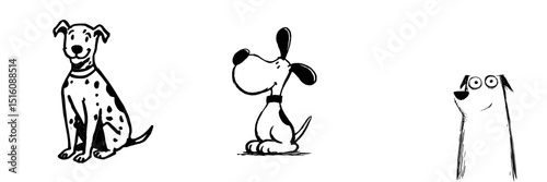 A cute dog modern art illustration usually includes a stylized and simplified depiction of a dog, created with clean lines and shapes, shown with black and white color and background