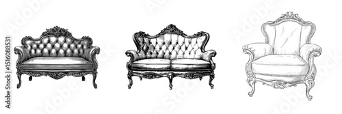 Vintage Couch Front View in Antique Black and White Outline Line Art Drawing with Detailed Design’ becomes ‘Antique Black and White Outline Line Art Drawing of a Vintage Couch with Detailed Design in