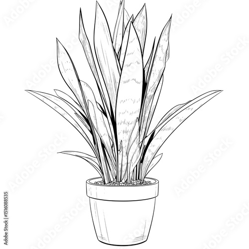 Detailed shadows are included in the black and white outline line art drawing of a Sansevieria Plant in a pot