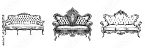 A classic style drawing featuring a vintage couch in detailed black and white outline line art