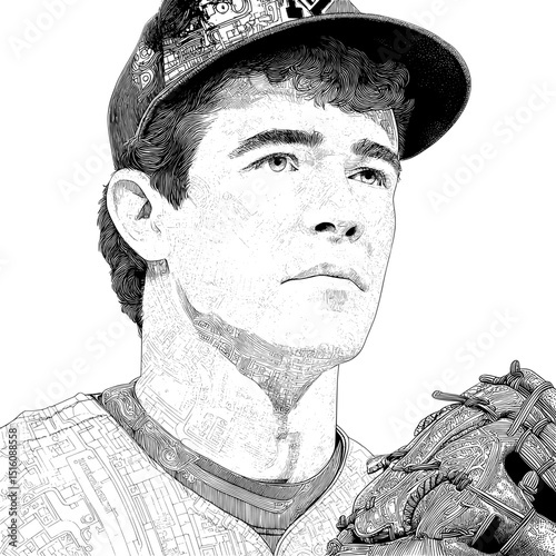 A classic vintage style is used in this detailed black and white outline line art drawing of baseball