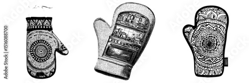 A vintage-style oven mitt is depicted in black and white outline line art with detailed texture