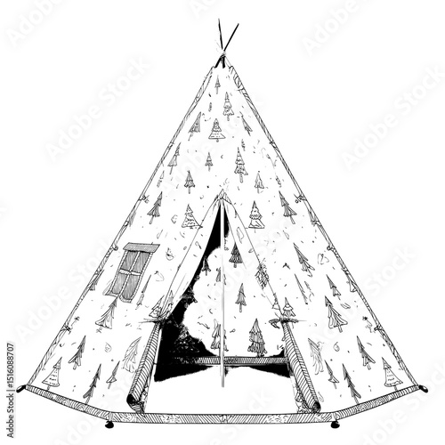 Detailed Black and White Line Art Drawing Featuring a Camping Tent and Pine Trees’ becomes ‘A Camping Tent Among Pine Trees in a Detailed Black and White Outline Line Art Style