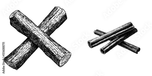 A detailed illustration of cinnamon sticks in vintage black and white outline line art drawing