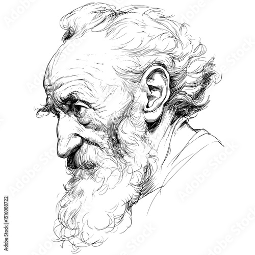 This portrait of an elderly bearded man blends vintage and modern styles, featuring complex line work in black and white, perfect for historical or artistic subjects