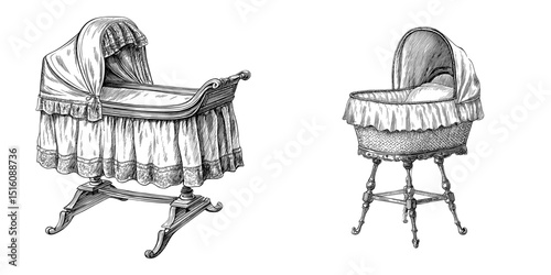 Illustration of an elegant vintage wooden baby cradle for nursery design purposes