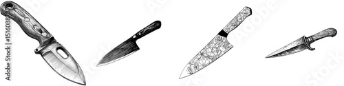A detailed black and white outline line art drawing of a cooking knife features a wooden handle design