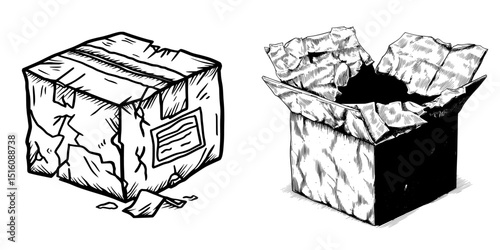 The image of a ripped cargo parcel package, represented by a damaged and crumpled cardboard delivery box, highlights common shipping issues and delivery problems in a cartoon modern style
